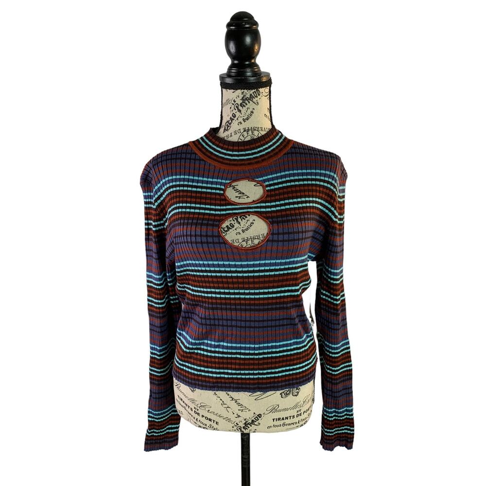 Madden NYC Cutout Sweater Cropped mock neck retro stretch Striped Women's XL